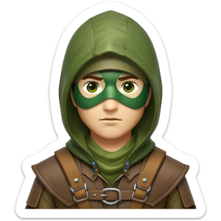 Clash of Clans aesthetic friendly Ranger Portrait Emoji, With a lean, agile build clad in earth-toned leather and green accents, a keen, focused gaze and a weathered hood shadowing determined eyes, his face rendered in a natural skin tone (not yellow), Simplified yet sharply defined features, highly detailed, glowing with a soft, natural woodland radiance, high shine, intelligent and resolute, stylized with an air of forest guardian authority, focused and alert, soft glowing outline, capturing the essence of a confident ranger ready to defend the wild with stealth and valor! sticker