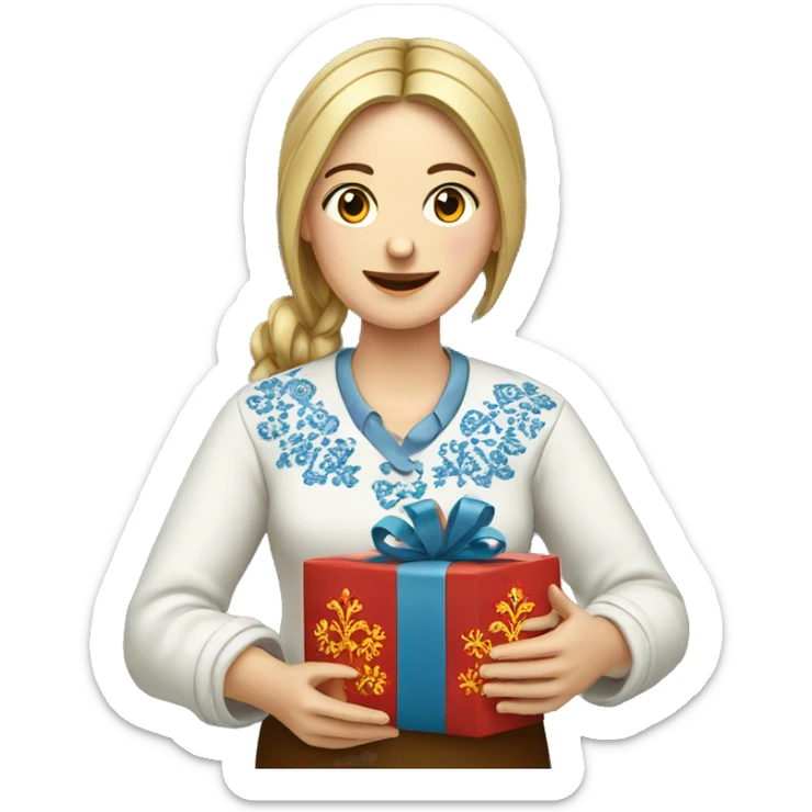 A female teacher in Ukrainian embroidery holds a gift in her hand sticker
