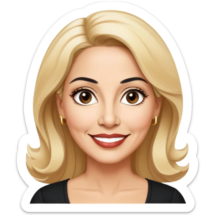 Professional portrait of Linette Torres, Puerto Rican actress in her 50s with light skin, age-appropriate features, charismatic expression, bright eyes, beautifully shaped eyebrows, charming smile, elegant blonde hair, wearing a classic black top sticker