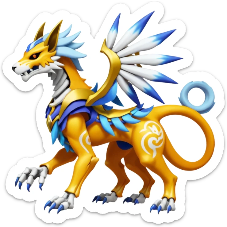 Colorful Skeletal masked armored Solgaleo-Raikou-Pokémon-Digimon-Fakémon-fusion-hybrid-creature, full body sticker