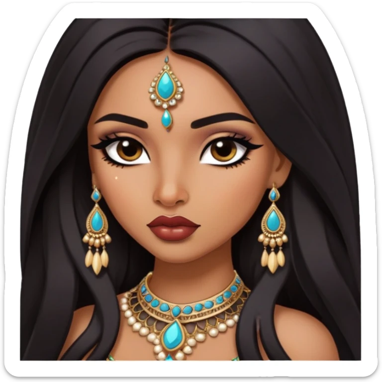 Indian nose, pretty lips, indian jewelry, long dark hair, medium skin, pretty bratz baddie, black eyeliner,  sticker