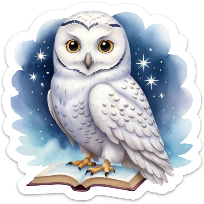 A hand-drawn fantasy illustration of Hedwig, Harry Potter’s snowy owl, with soft watercolor style, gentle pastel tones, magical sparkles in the air, cozy wizarding atmosphere, storybook illustration, high detail, whimsical and warm mood. ohne backgraund sticker