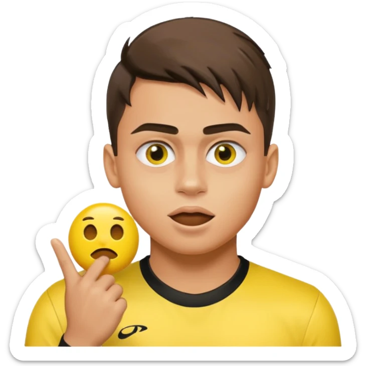 Paulo Dybala celebration with hand over mouth, but make it so you use the yellow emoji face emoji  and hand like a generic emoji sticker