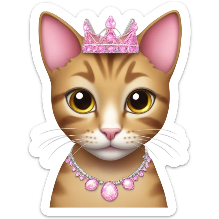 Tabby cat, big eyelashes and a pink tiara, glittery pink claws, glittery jewelry and earrings sticker