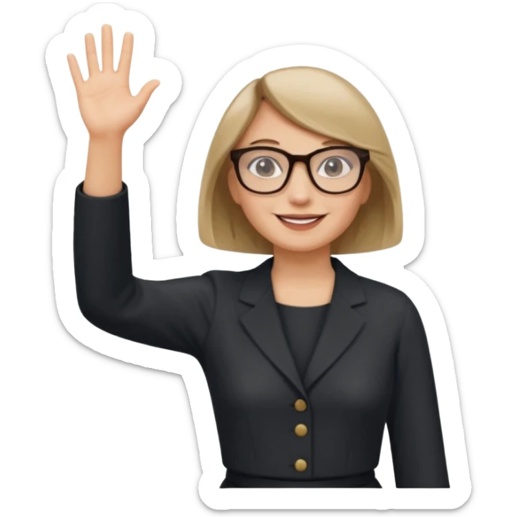 woman dark blonde petite bob haircut wears dark squarish glasses, classic clothes, smiling, waving, a tad older sticker