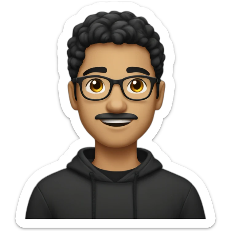 a light skin Pakistani teenager, wearing round glasses, short moustache, black hair, black jumper/sweater, structured manly face sticker