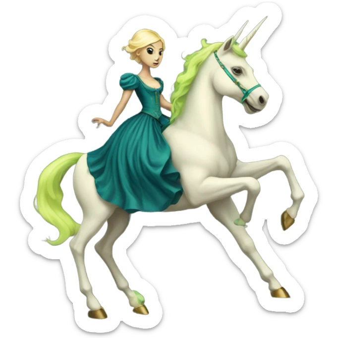 "galora green blonde alien woman" in blue Victorian dress elegant, full body, on gold unicorn sticker