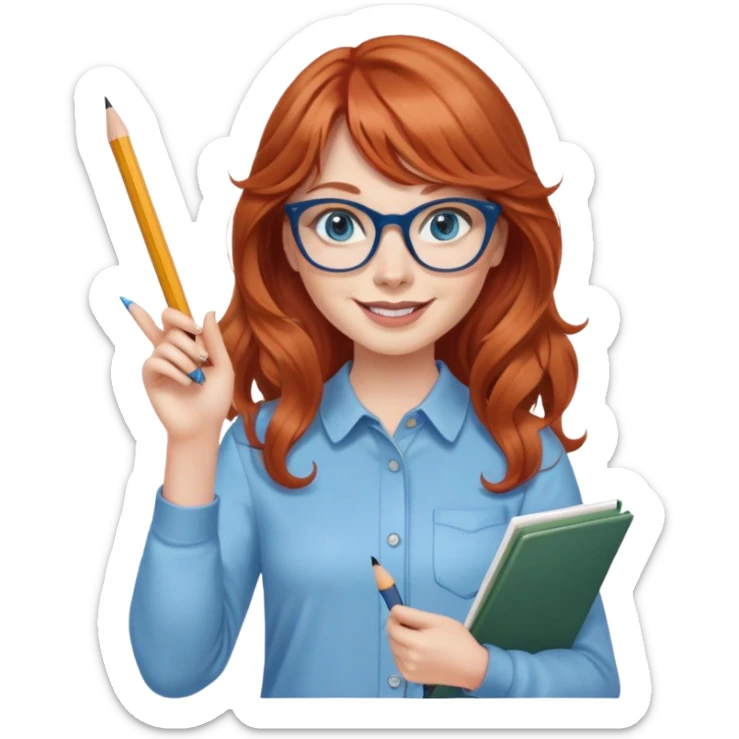 redheaded woman with very long wavy hair and bangs, blue eyes, clear cat-eye glasses, casual chic outfit, holding a pencil, smiling, waving sticker