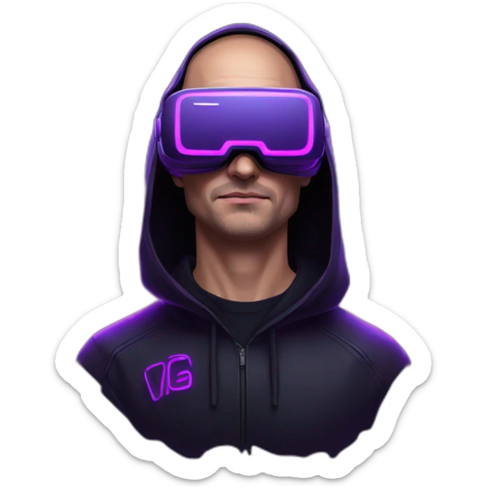 Russian man in the black hoody with violet letters "OMG VR" on it wearing vr headset. Cyberpunk style. Violet neon. sticker