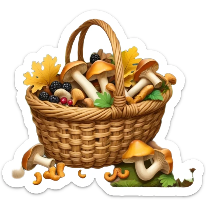 Icon for Mushroom and Berry Tourism: a basket filled with mushrooms chanterelles, boletus and aspen and berries, surrounded by forest elements like trees, leaves and a hiking boots. The icon should capture the joy of foraging in nature. Transparent background. sticker