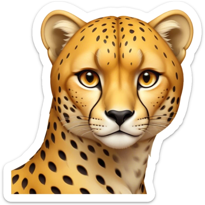 Cinematic Noble Cheetah Portrait Emoji, Poised and regal, with a lean, muscular build and a sleek, spotted Fur of golden hues, deep-set soulful amber eyes, Simplified yet sharp and sophisticated features, highly detailed, glowing with a warm, dignified glow, high shine, intelligent and swift, stylized with an air of wild elegance, focused and attentive, soft glowing outline, capturing the essence of a watchful and confident predator, so majestic it feels as though it could sprint out of the screen with effortless authority! sticker