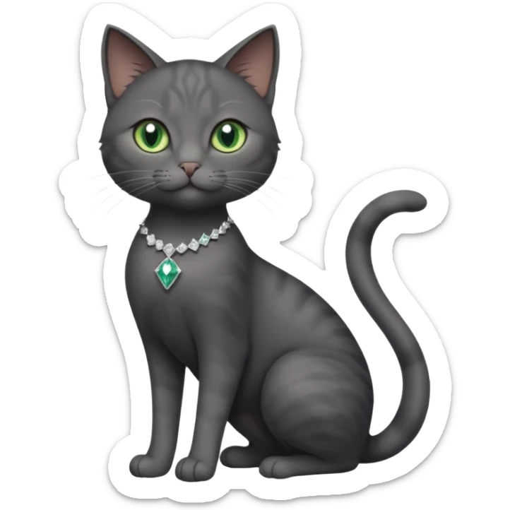 full body view of beautiful female dark grey cat with green eyes, white toes and white diamond on chest sticker