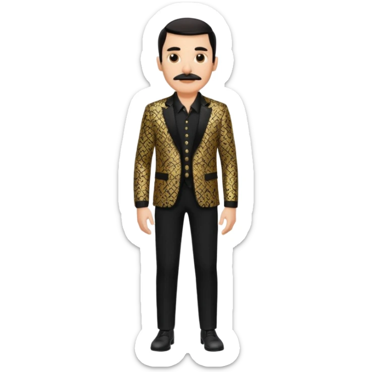 man with a mustache and slicked-back hair, dressed in a luxurious black and gold patterned jacket, black pants, and black shirt, standing with hands in pockets sticker