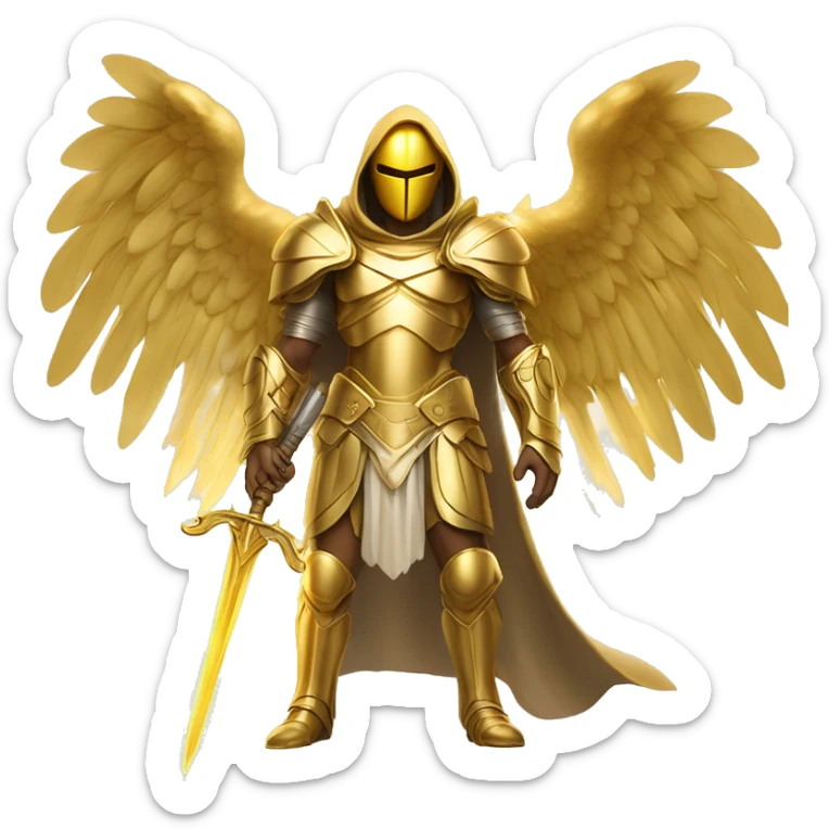 
archangel with golden wings in golden armor covering the whole body, in a golden hood, his face is not visible because of the rays of light, holding a golden sword in his hand, in full height, golden wings sticker