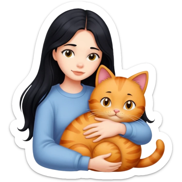 A beautiful girl with long black hair hugs a Garfield cat sticker
