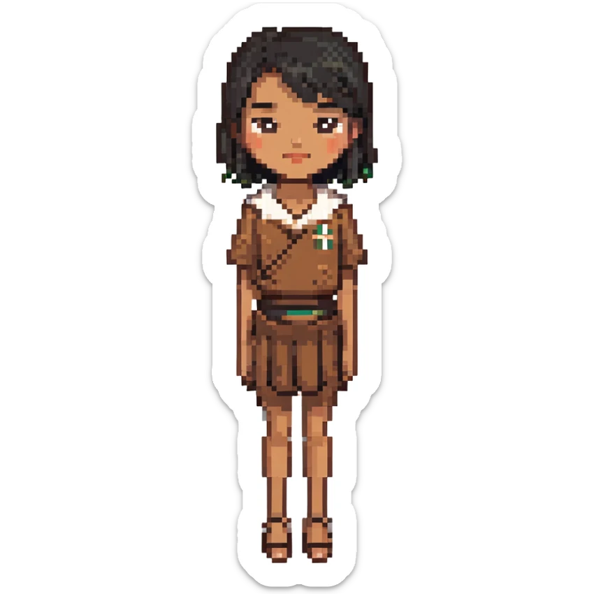 brown Samoan skinny girl with slight Chinese features, black short hair just below the shoulders, neutral expression, pixel art style sticker