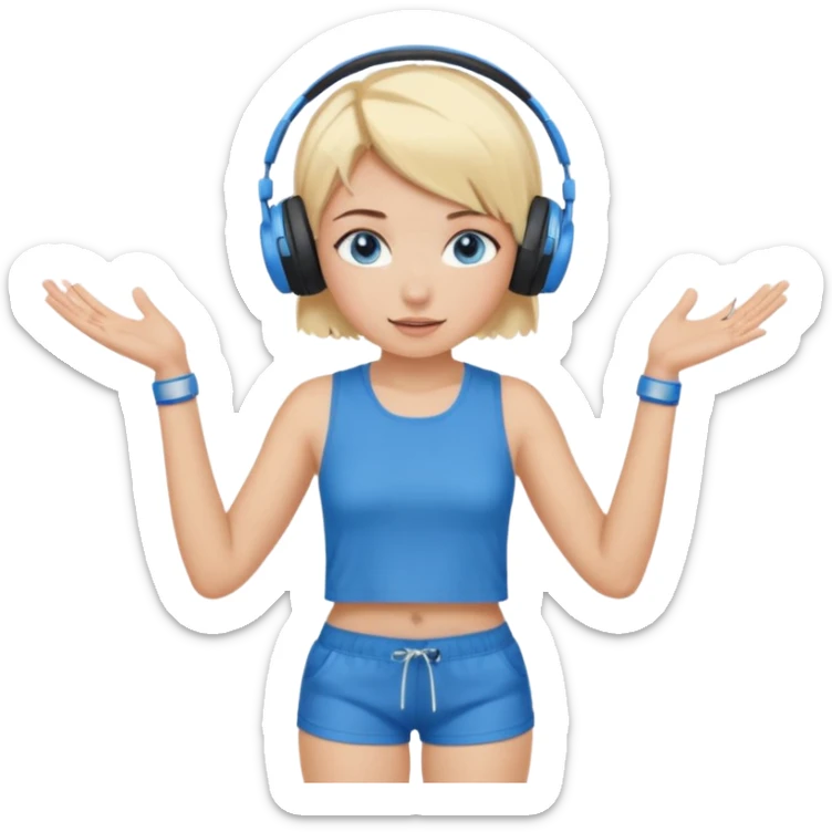 girl with blonde and middle short hair and blue eys with heands telling what, having heaphones on head, and short  sticker