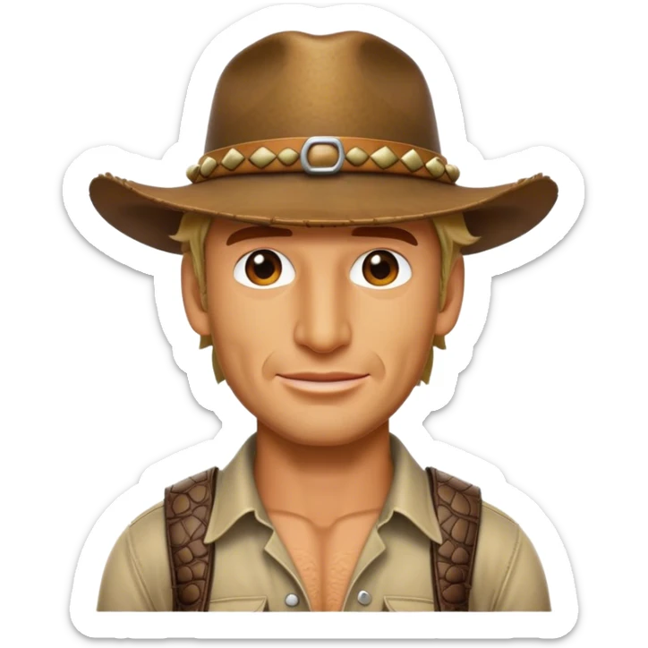 Cinematic Realistic Crocodile Dundee Pop Culture Emoji, depicted with rugged charm and adventurous spirit rendered with lifelike detail and cinematic lighting. sticker