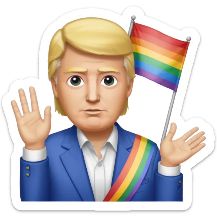 donald trump wrapped in a rainbow flag with a shirt that says “i love osama bin laden” and osama bin laden is next to him holding his hand sticker