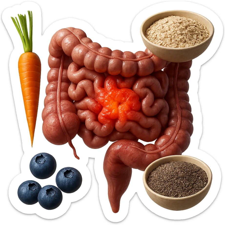intestino umano anatomico infiammato al centro con carota, bowl di avena, mirtilli, bowl di semi di chia che gli fluttuano intorno , iperrealistico 4k sticker