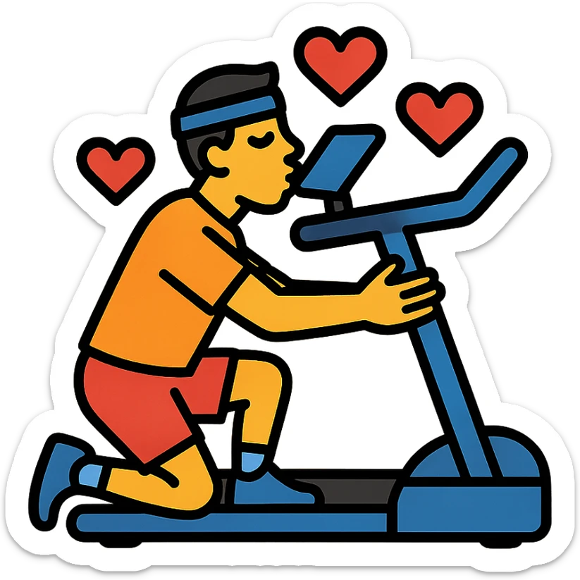 the sportsman is hugging and kissing the treadmill. They are surrounded by red hearts sticker
