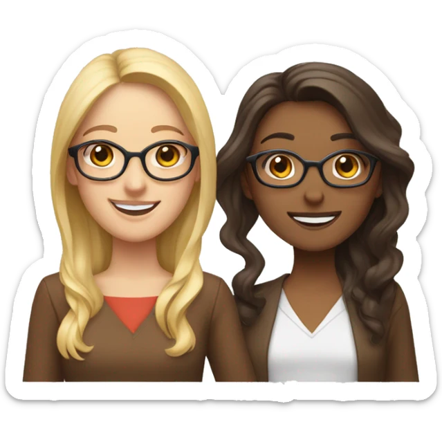 Smiling woman on the left side blonde with blue eyes and middle length straight hair and on tve right brunette with wavy hair, brown eyes and brown glasses, smiling and holding hands sticker