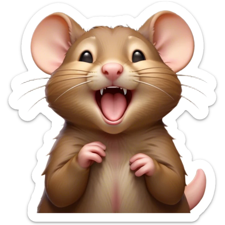 Cinematic Cute Yawning Brown Rat Portrait Emoji, Head tilted slightly with a dramatic, wide-open yawn, showcasing a soft, sleek brown coat with tiny drooping ears and half-closed eyes in drowsy contentment, Simplified yet irresistibly adorable features, highly detailed, glowing with a soft, cozy glow, high shine, relaxed yet expressive, stylized with a dash of urban charm, soft glowing outline, capturing the essence of a sleepy yet affectionate rat that seems ready to stretch out for a nap! sticker