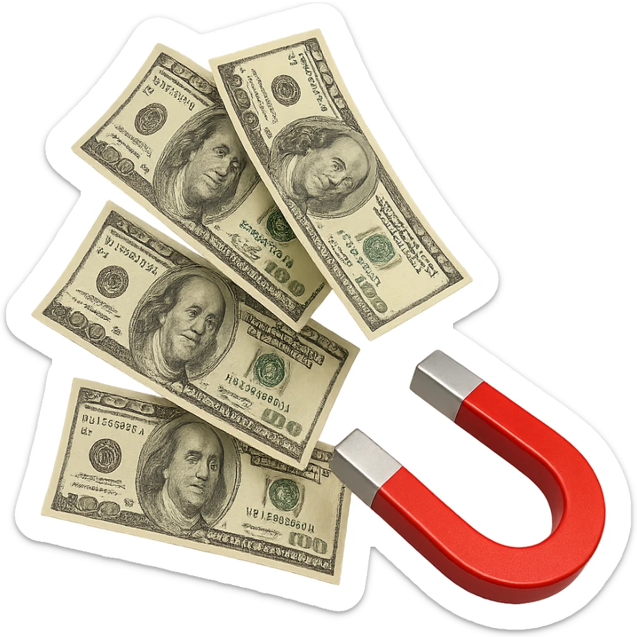 cinque banconote fluttuano in aria attratte da una calamita rossa, iperrealistica 4k, isolato su sfondo bianco sticker