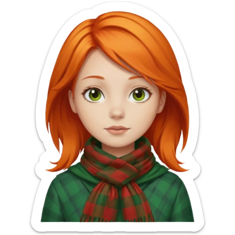 girl orange hair, wear red checkered scarf, green dress sticker