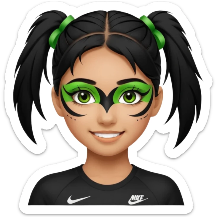 cute teenage girl, cute athletic Nike clothes, tan skin, green eyes, black hair, face paint, very long eylashes sticker
