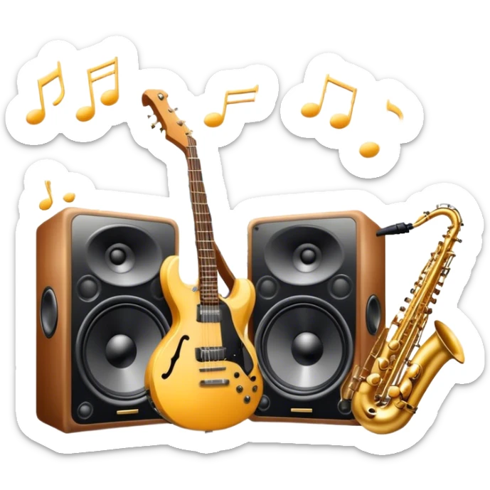 Icon for R&B Music Listening: large concert speakers and headphones with waves of musical notes coming out, along with drums, bass guitar and saxophone. The icon should convey the energetic and rhythmic vibe of R&B music. Transparent background sticker