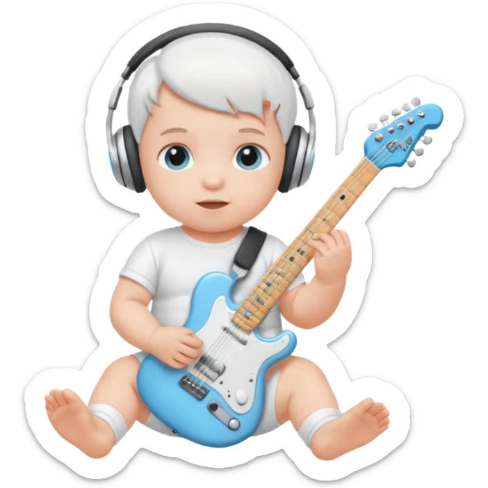 a cute baby in a white diaper and air pod max silver headphones playing a baby blue electric guitar sticker