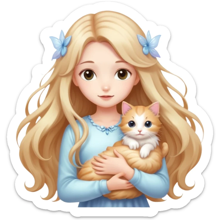 Dreamy beautiful fashion elegant cute shiny lady soft style kawaii beautiful hair fairy style girl holding a kitten sticker