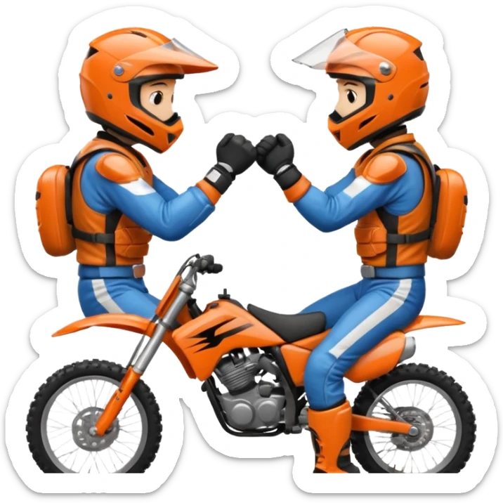 2 dirtbike racers in gear and gloves fist bumping sticker