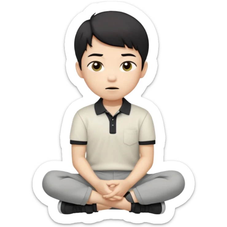 A cartoon young Asian boy with short black hair, light beige skin, and large expressive eyes, wearing a white polo shirt, gray pants, and black shoes. He sits cross-legged on the ground, one fist resting on his cheek, with a closed-mouth smirk. Clean lines, flat colors, solid black background. sticker