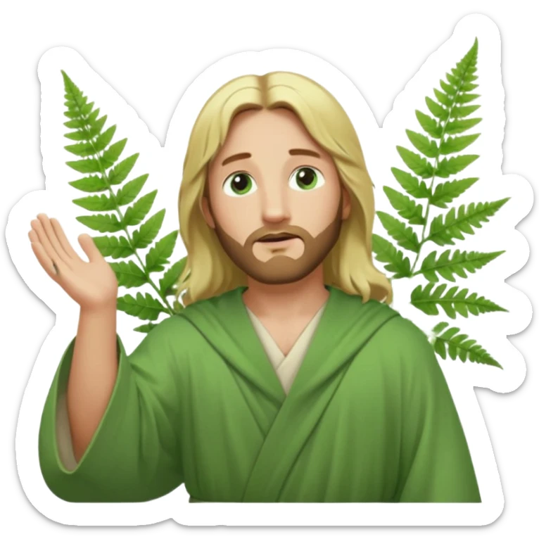 Jesus, green eyes, blonde hair, light green robe. opening arms, gazing thoughtfully. Soft light, subtle fern. Waist-up, profile. sticker