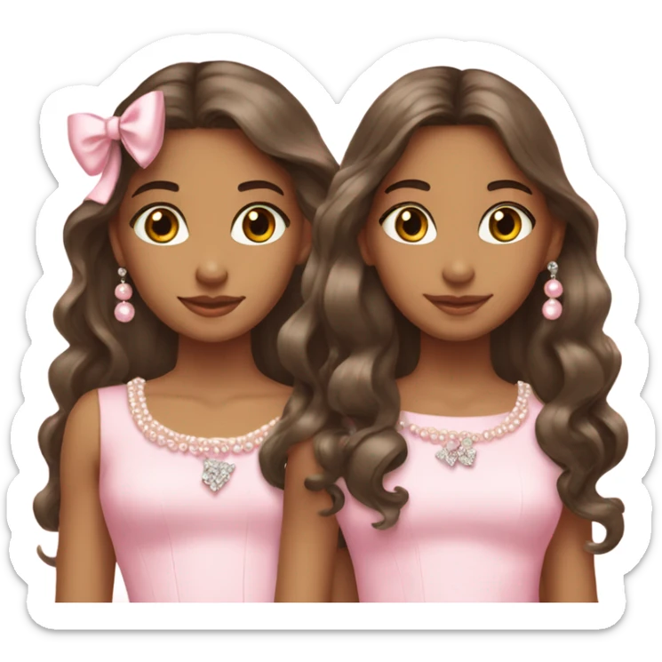 two pretty teenage Latina twins. pink. Long hair. Pink bows. Pearls. Light pink. Diamonds dress. sticker