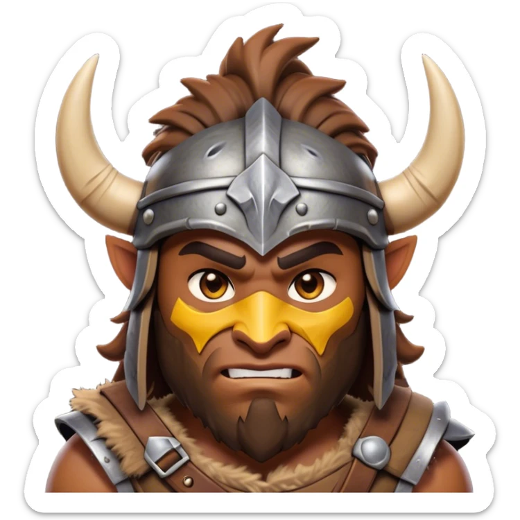 Clash of Clans aesthetic: Cinematic Fierce Barbarian Portrait Emoji, Poised and bold with a rugged yet cartoonish build in tattered furs and a horned helmet, expressive bright eyes and a confident smirk, Simplified yet dynamic features, highly detailed, glowing with a vivid, adventurous aura, high shine, heroic and spirited, stylized with an air of medieval warrior charm, focused and energetic, soft glowing outline, capturing the essence of a fearless barbarian adventurer ready to lead his clan with spirited valor! sticker