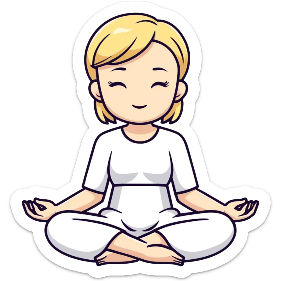 a blonde girl with a short haircut in a white dress sitting in a lotus position and meditating sticker