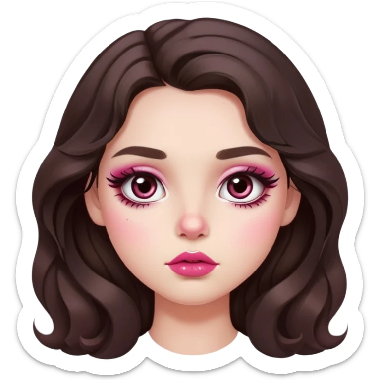 girl with light wheatish skin, dark brown long wavy hair, pouty shiny lips with berry lip gloss, large eyes with eyelashes, pink blush on cheeks, inner eye highlighted with white eyeliner, button nose sticker