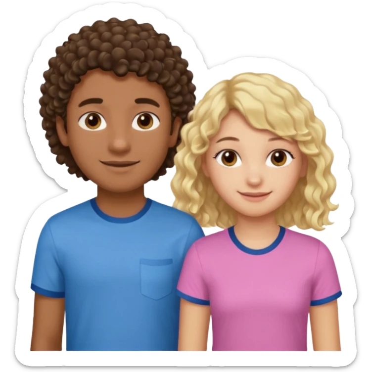 Menino de pele morena de olho castanho meio preto e cabelo cacheados ralo e blusa azul e menina loira de cabelos longos e franja na testa sorrindo com blusa rosa sticker