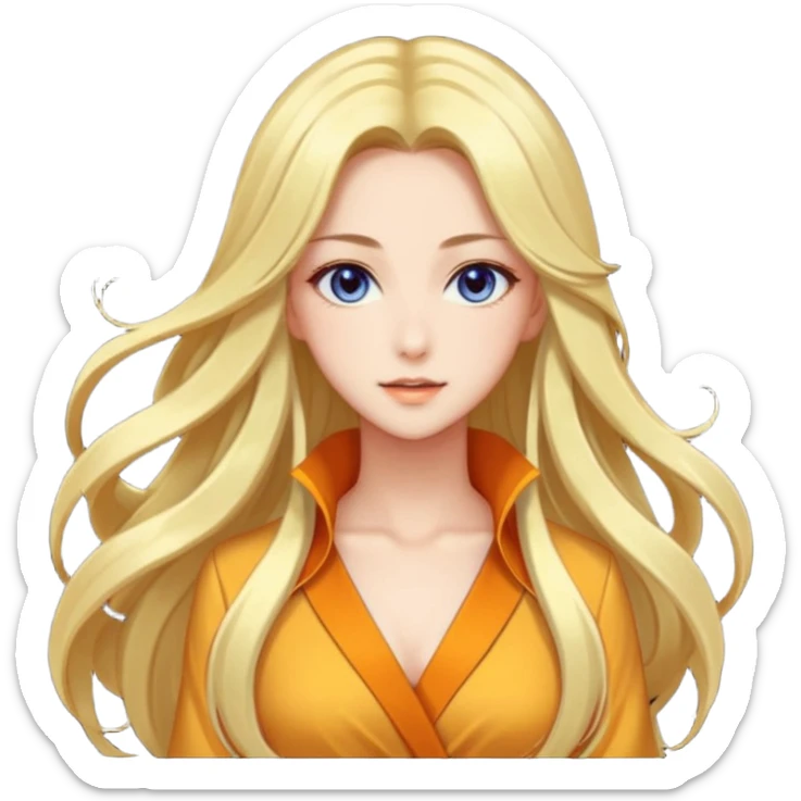 Elegant beautiful woman, long flowing hair, glowing skin, captivating eyes, fashionable outfit, dreamy light, detailed anime-style, vibrant colors, transparent background sticker