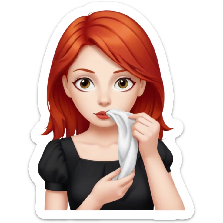 a woman with red hair and red eyes sniffing a white sock. The woman wear a black  dress sticker