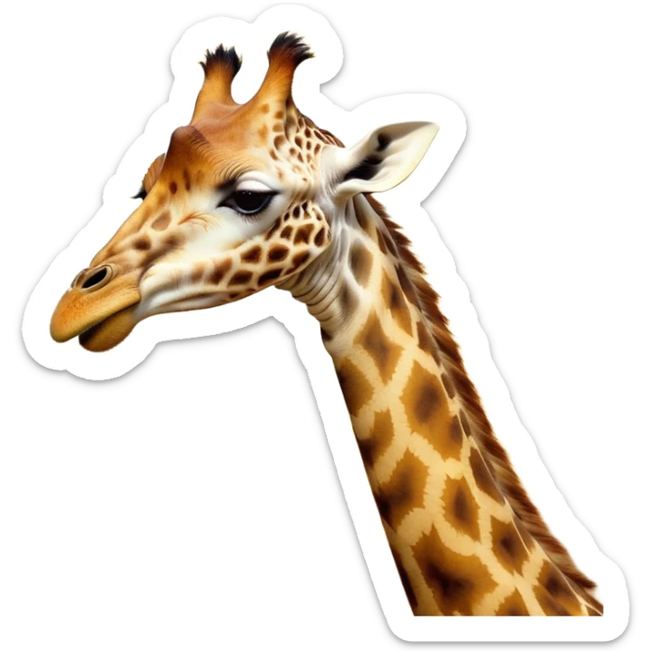 Cinematic Cute Yawning Giraffe Portrait Emoji, Head tilted slightly with a dramatic, wide-open yawn, showcasing a soft, patterned Fur of warm yellows and browns with a long, drooping neck and eyes barely open in drowsy contentment, Simplified yet irresistibly adorable features, highly detailed, glowing with a soft, cozy glow, high shine, relaxed yet expressive, stylized with a touch of savannah whimsy, bright and endearing, soft glowing outline, capturing the essence of a sleepy yet affectionate giraffe, so drowsy it feels like it could stretch right out of the screen and curl up for a nap! sticker
