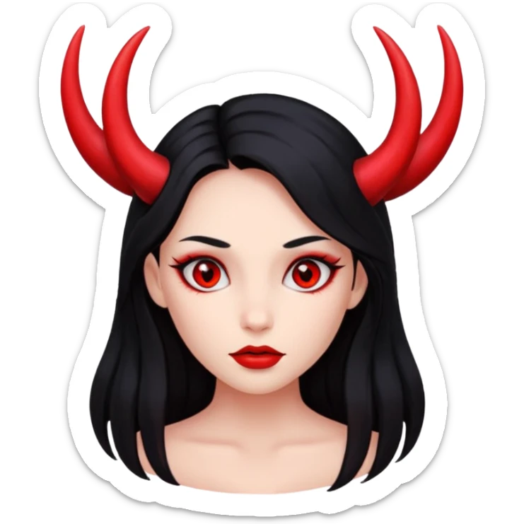 A girl's face with cheekbones, completely red skin, long black hair, small red horns, and red eyes. sticker