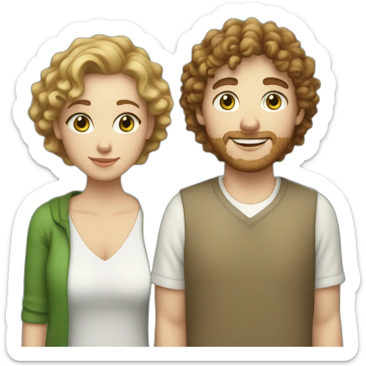 Couple, white European man with brown curly hair, blue eyes and chubby white woman with light brown curly hair and green eyes sticker