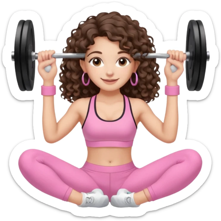 cute balayage brunette long hair curly/wavy haired girl, hoop earrings, clean girl makeup DOING EXERCISE with weights with a cute pastel pink set sticker