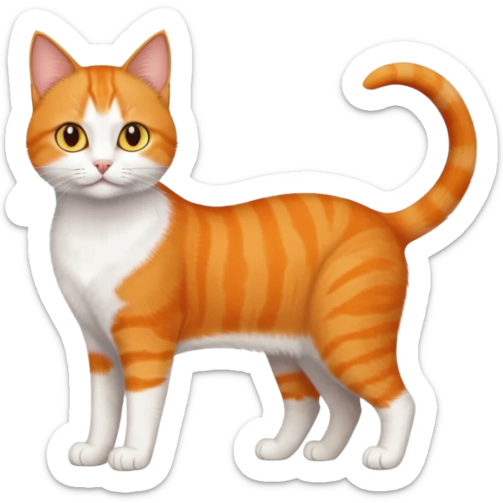 full body orange domestic shorthair slim cat with yellow/orange eyes paw being white and the other being half sticker