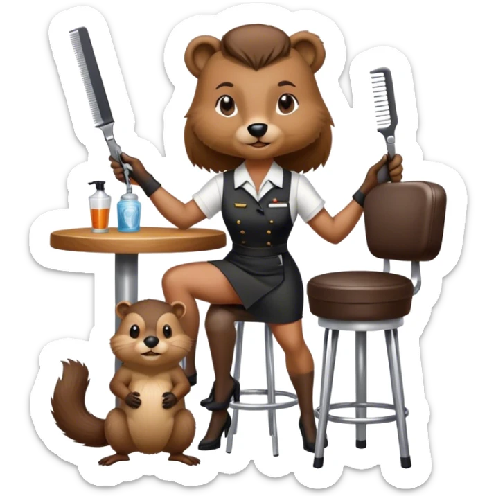 Woman standing beside bar stool with a beaver sitting on the bar stool with the beaver holding a pair of hair clippers sticker