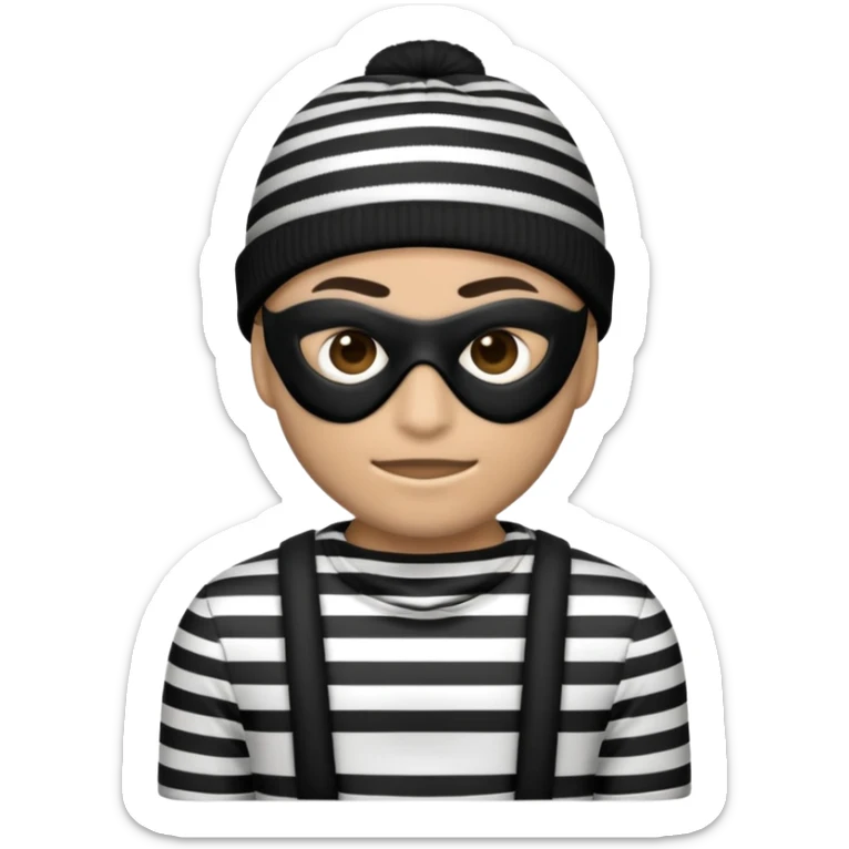 an emoji depicting a robber wearing a black-and-white striped shirt, a black mask, and a beanie sticker